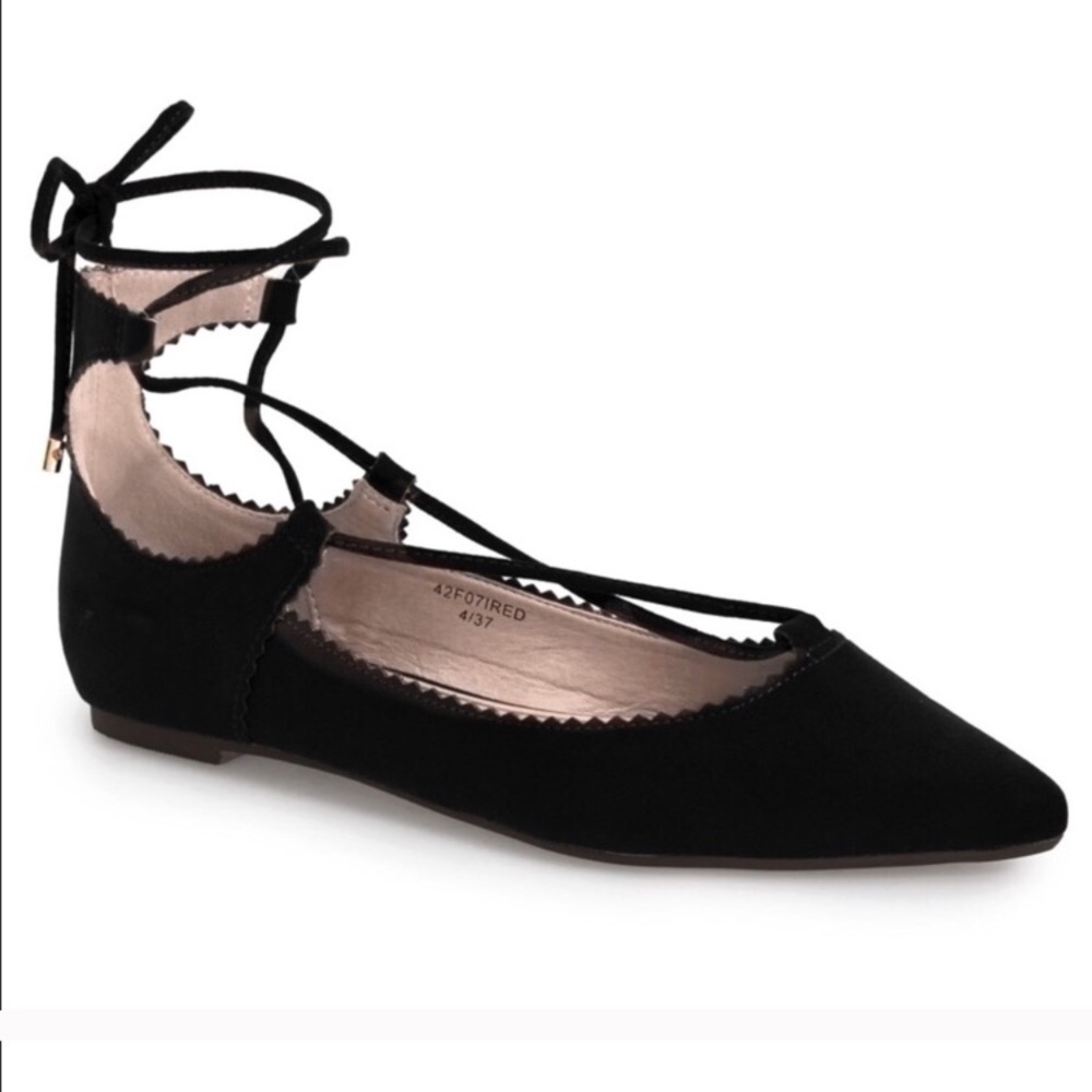 Topshop Ballerina Strap Up Black Suede Flats